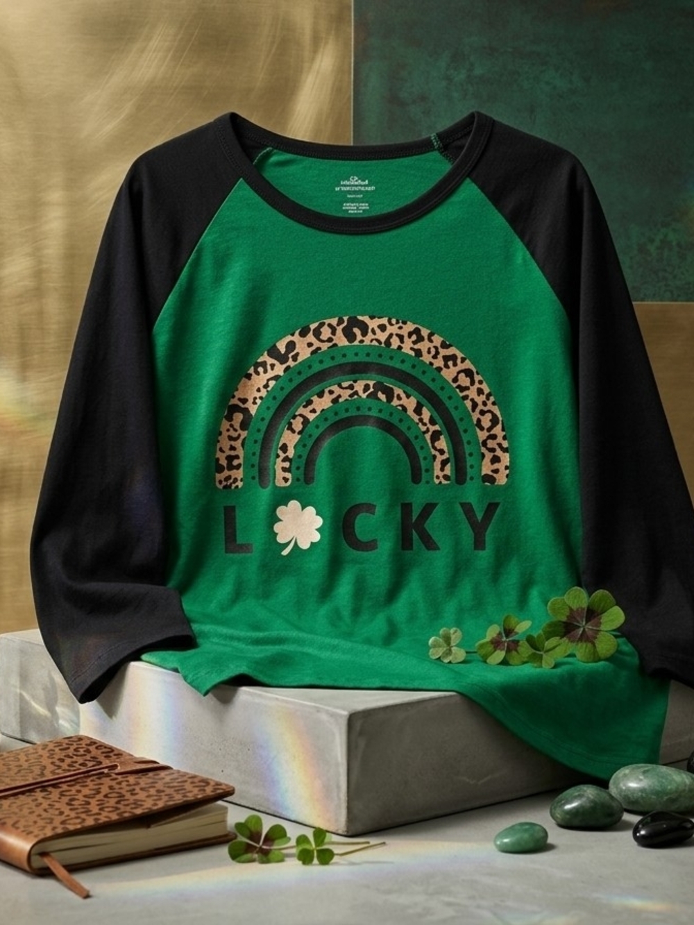 Celebrate It Green & Black Raglan Tee with Leopard Rainbow